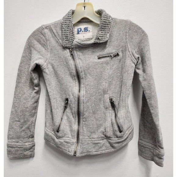 P.S From Aeropostale Girls Rhinestone Collar Moto Jacket Size 8 Gray Zip Up Knit